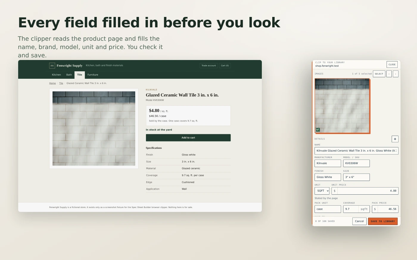 A product page on a fictional store, with the clip panel open beside it and every field already filled in.