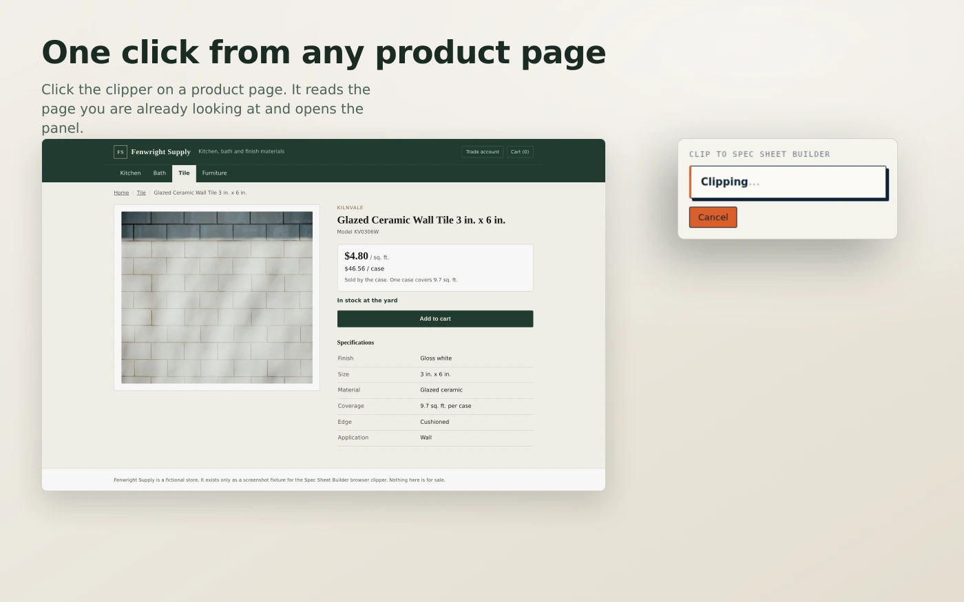 A product page on a fictional store with the clipper popup open, showing that a clip is running.